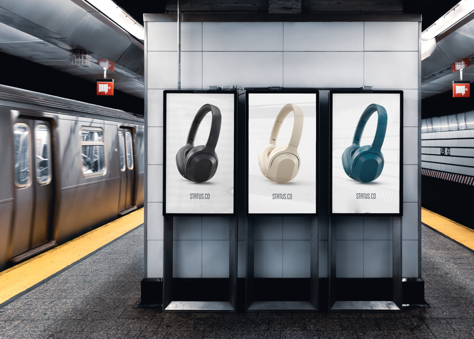 Subway posters advertising the Status Core ANC headphones.