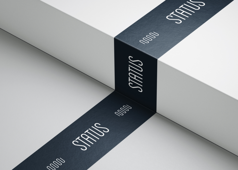 Status logos on blue packaging tape